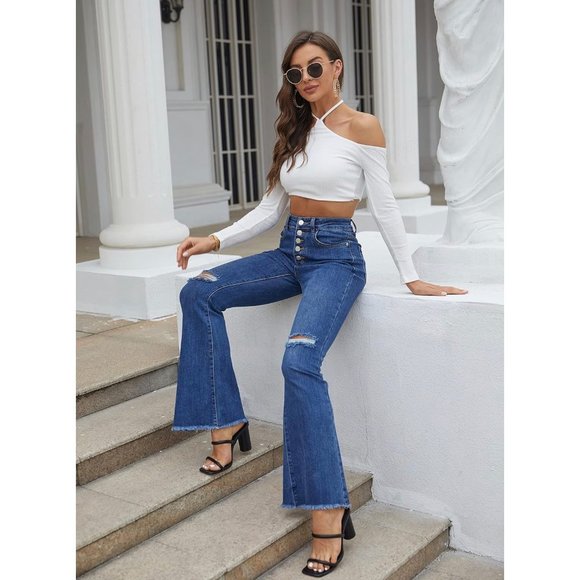 heipeiwa Women's Rhinestone Patchwork Flare Jeans High Rise Bell Bottom Raw Jean - Picture 5 of 9